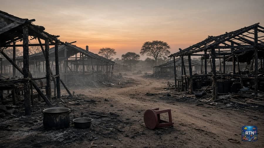 AI-generated illustration: burned wooden market stalls and an overturned stool on a dirt road at dusk, no people
