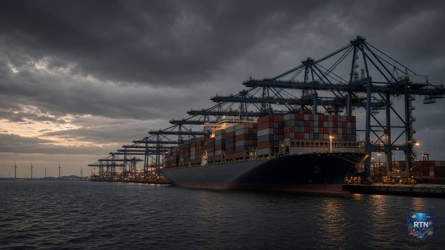 AI-generated illustration: a container ship and gantry cranes at a port under storm clouds at dusk